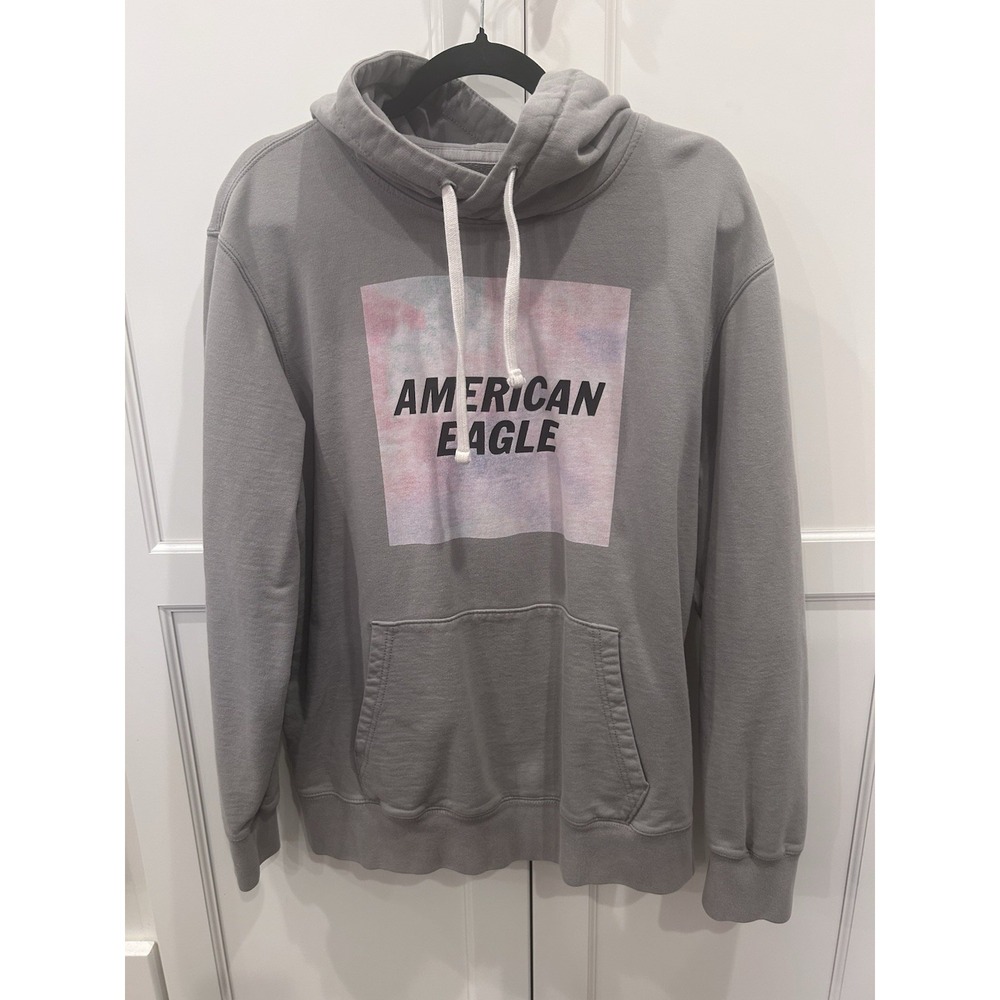 American Eagle Men's L Gray Pullover Hoodie Graphic Logo Drawstring Pockets